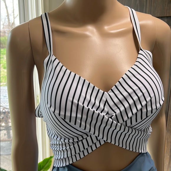 One Piece Striped Black/White Top Blue Bottom Swimsuit, NWOT, Large - Picture 3 of 10